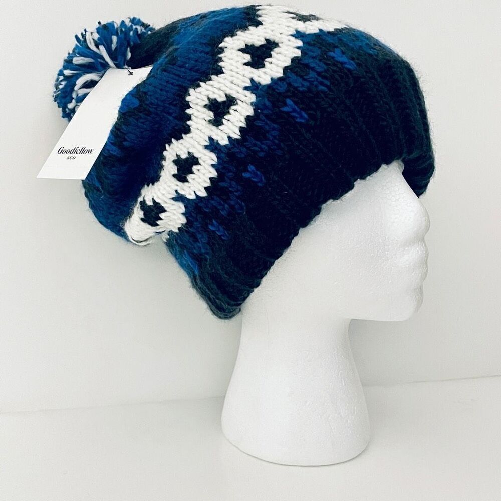 NWT Goodfellow & Co Men's Fairisle Pom Fleece Lined Blue Black & White Beanie